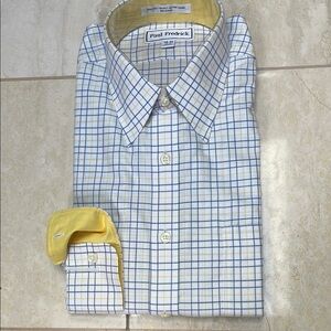 NWOT Paul Fredrick Men's Gray and Yellow Checkered/Plaid Shirt